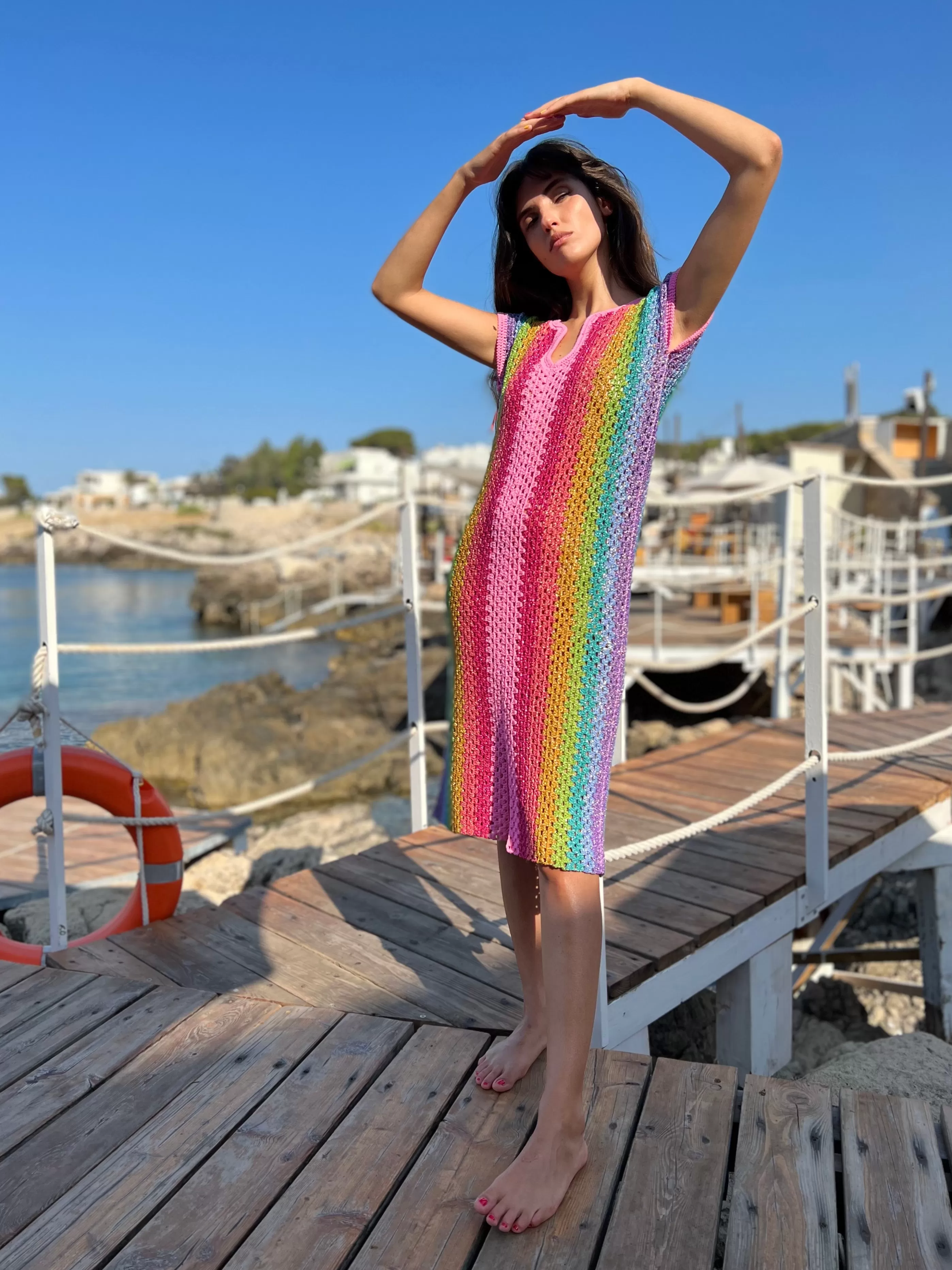 Fashion Rose Carmine PINK RAINBOW DJELABA DRESS