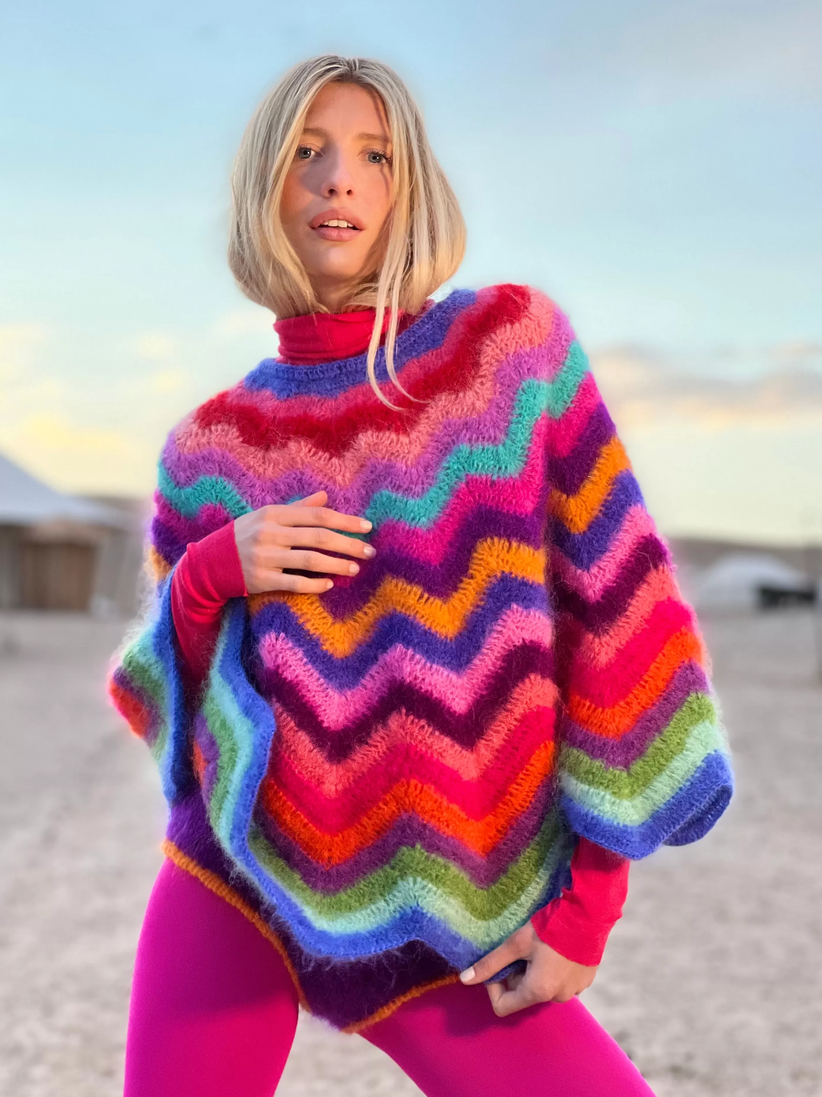 Shop Rose Carmine PONCHO WAVE MOHAIR MULTICOLOR